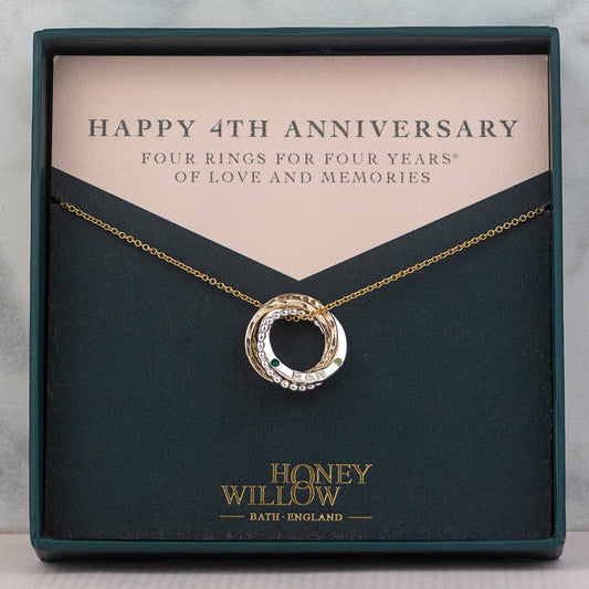 Personalised 4th Anniversary Birthstone Necklace - The Original 4 Rings for 4 Years Necklace - Petite Silver & Gold