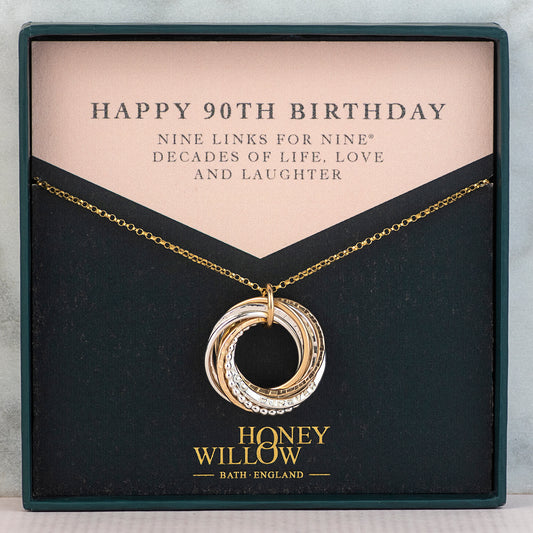 Personalised 90th Birthday Necklace - Hand-Stamped - The Original 9 Links for 9 Decades Necklace - Silver & Gold