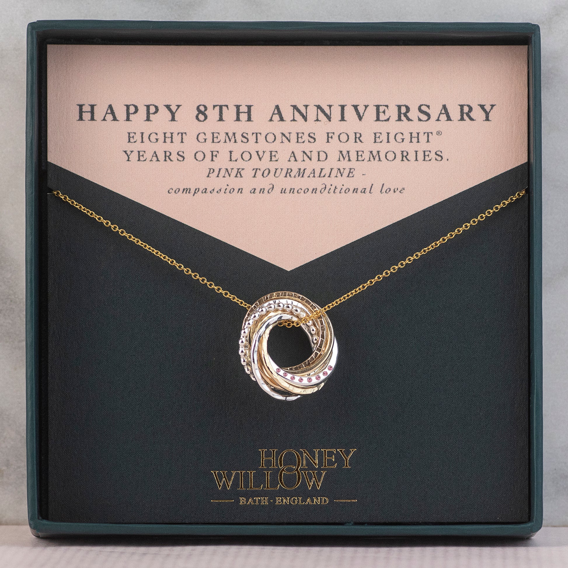 8th Anniversary Necklace - The Original 8 Rings for 8 Years Necklace - Silver & Gold - Tourmaline Anniversary