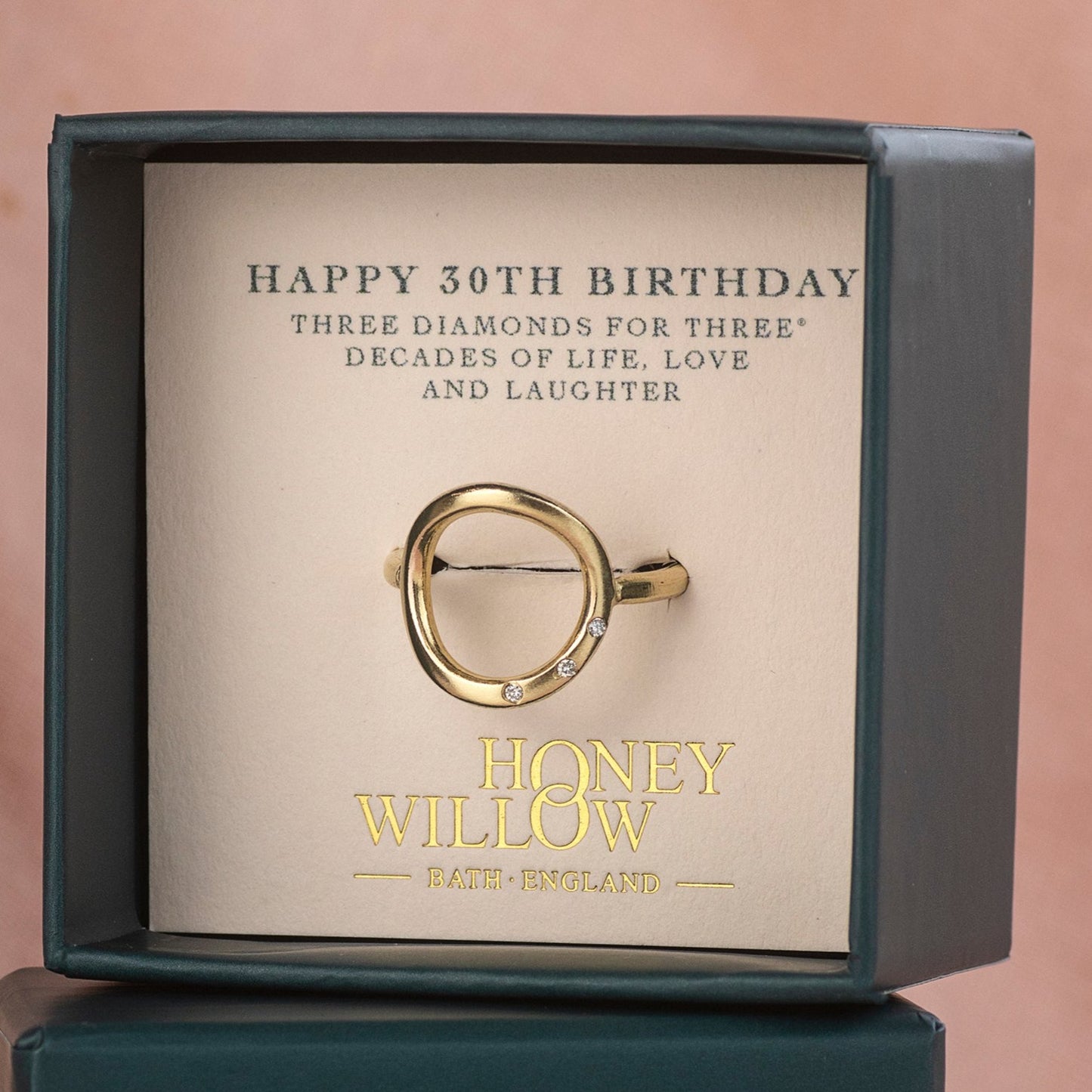 30th Birthday Ring - 9kt Gold Diamond Infinity Ring - 3 Diamonds for 3 Decades