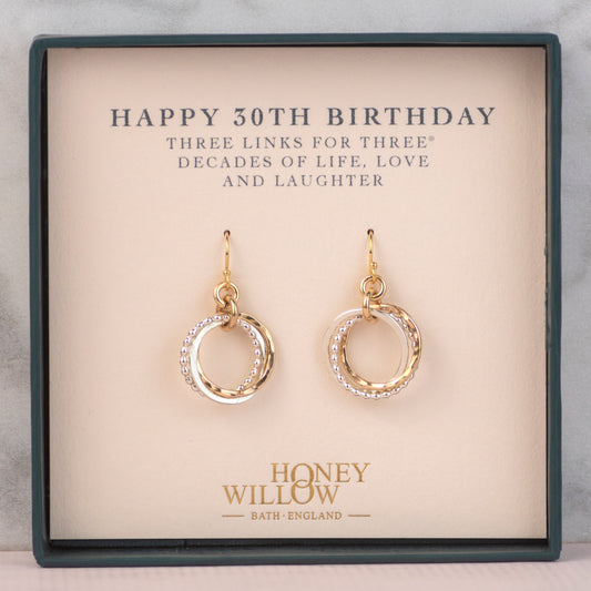 30th Birthday Earrings - The Original 3 Links for 3 Decades Earrings - Petite Silver & Gold