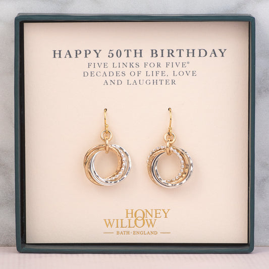 50th Birthday Earrings - The Original 5 Links for 5 Decades Earrings - Petite Silver & Gold