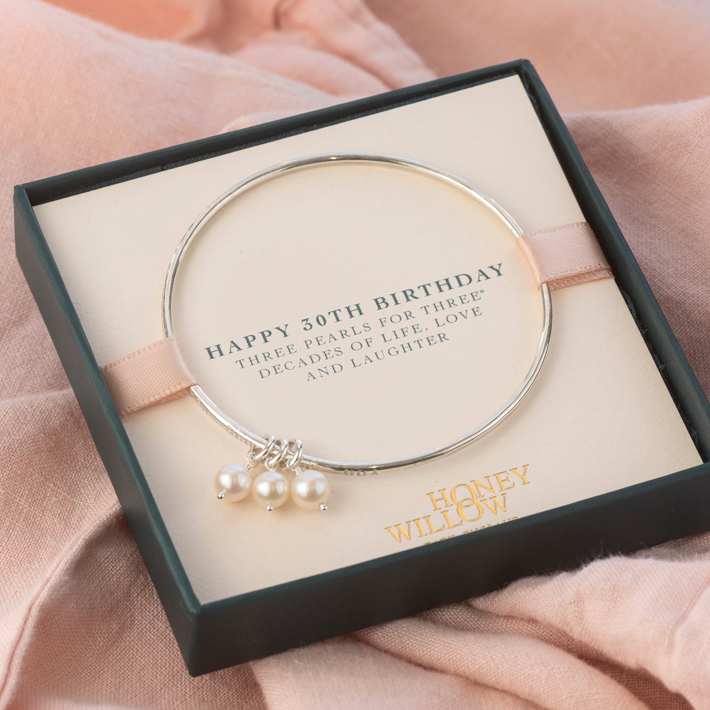 Personalised 30th Birthday Bangle - 3 Pearls for 3 Decades - Hand Stamped