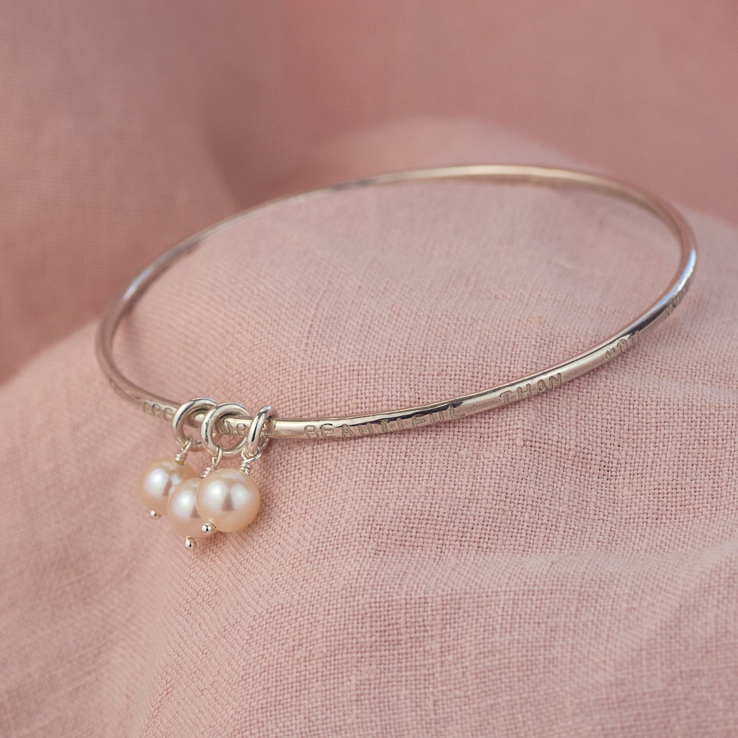 Personalised 30th Birthday Bangle - 3 Pearls for 3 Decades -  Silver Hand Stamped