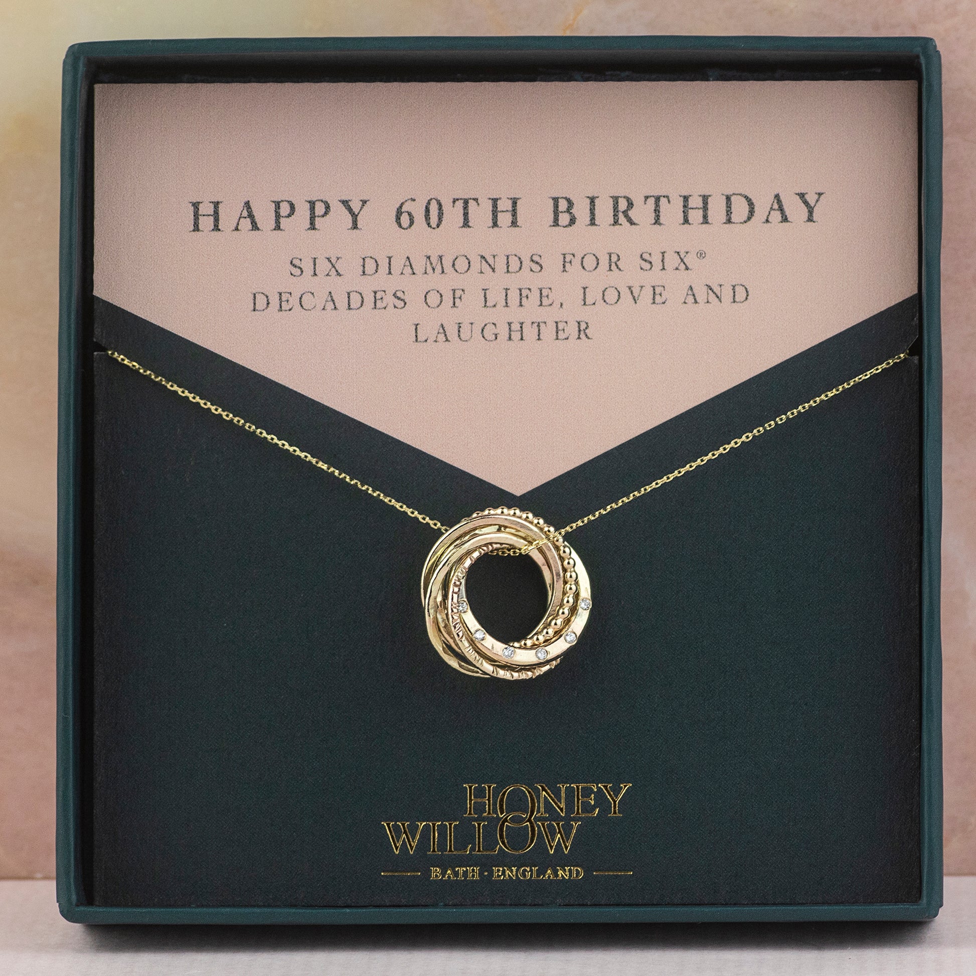 9kt 60th Birthday Necklace - 6 Diamonds for 6 Decades Necklace - Recycled Gold, Rose Gold & Silver