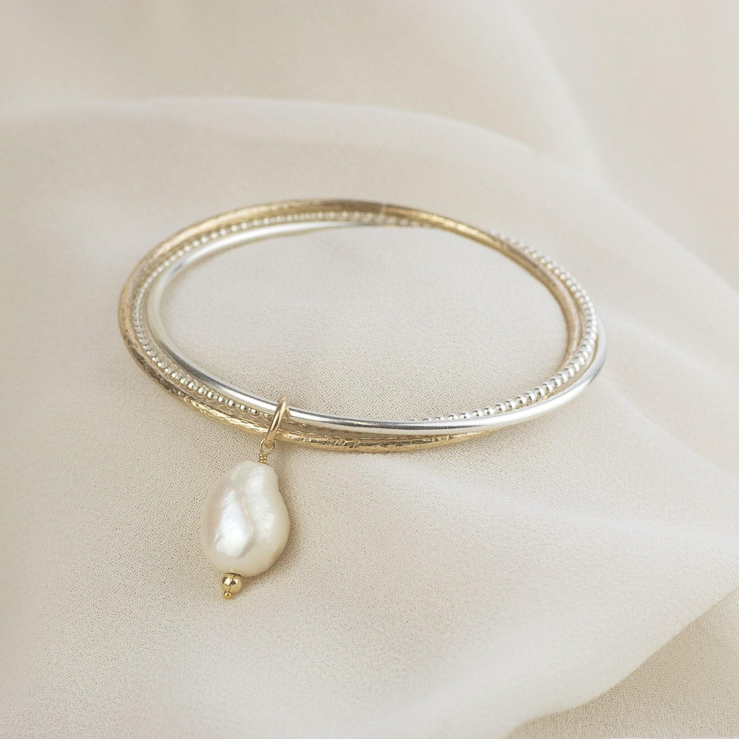 30th Wedding Anniversary Gift - 9kt Gold Triple Linked Bangle with Pearl