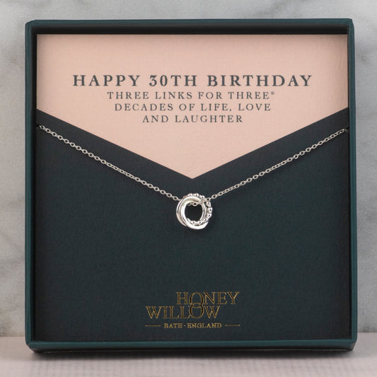 30th Birthday Necklace - The Original 3 Links for 3 Decades Necklace- Silver Love Knot