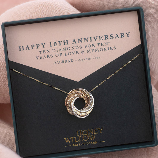 9kt Diamond 10th Anniversary Necklace - Recycled Gold and Silver - The Original 10 Diamonds for 10 Years