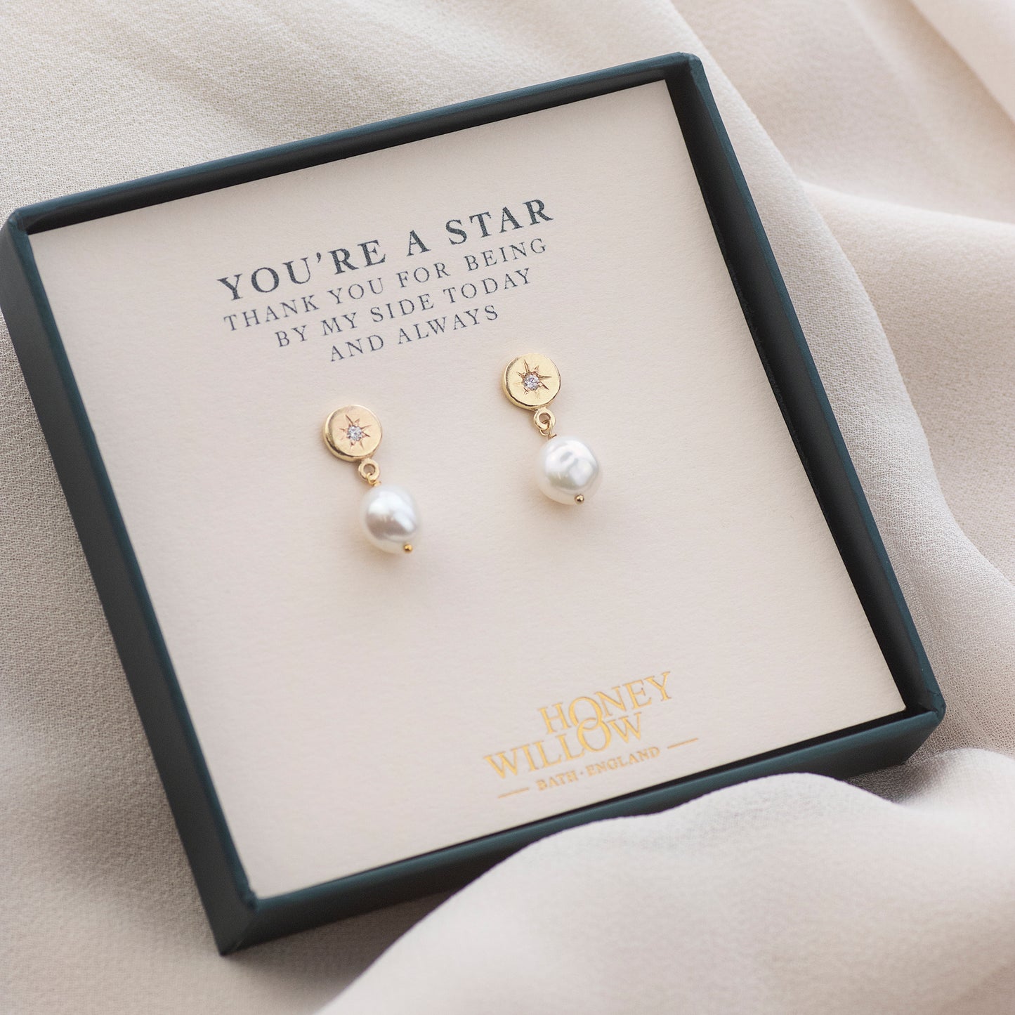 Gift for Bridesmaid - Diamond Star Set Pearl Earrings - 9kt Gold