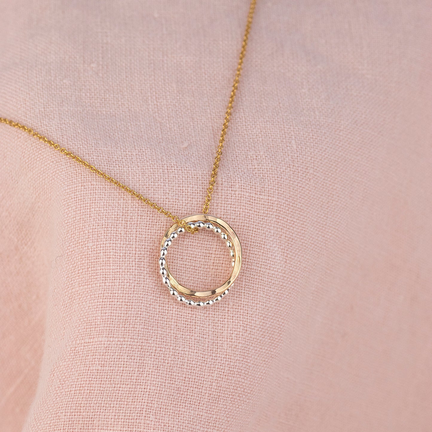 2nd Anniversary Necklace - The Original 2 Rings for 2 Years Necklace - Petite Silver & Gold