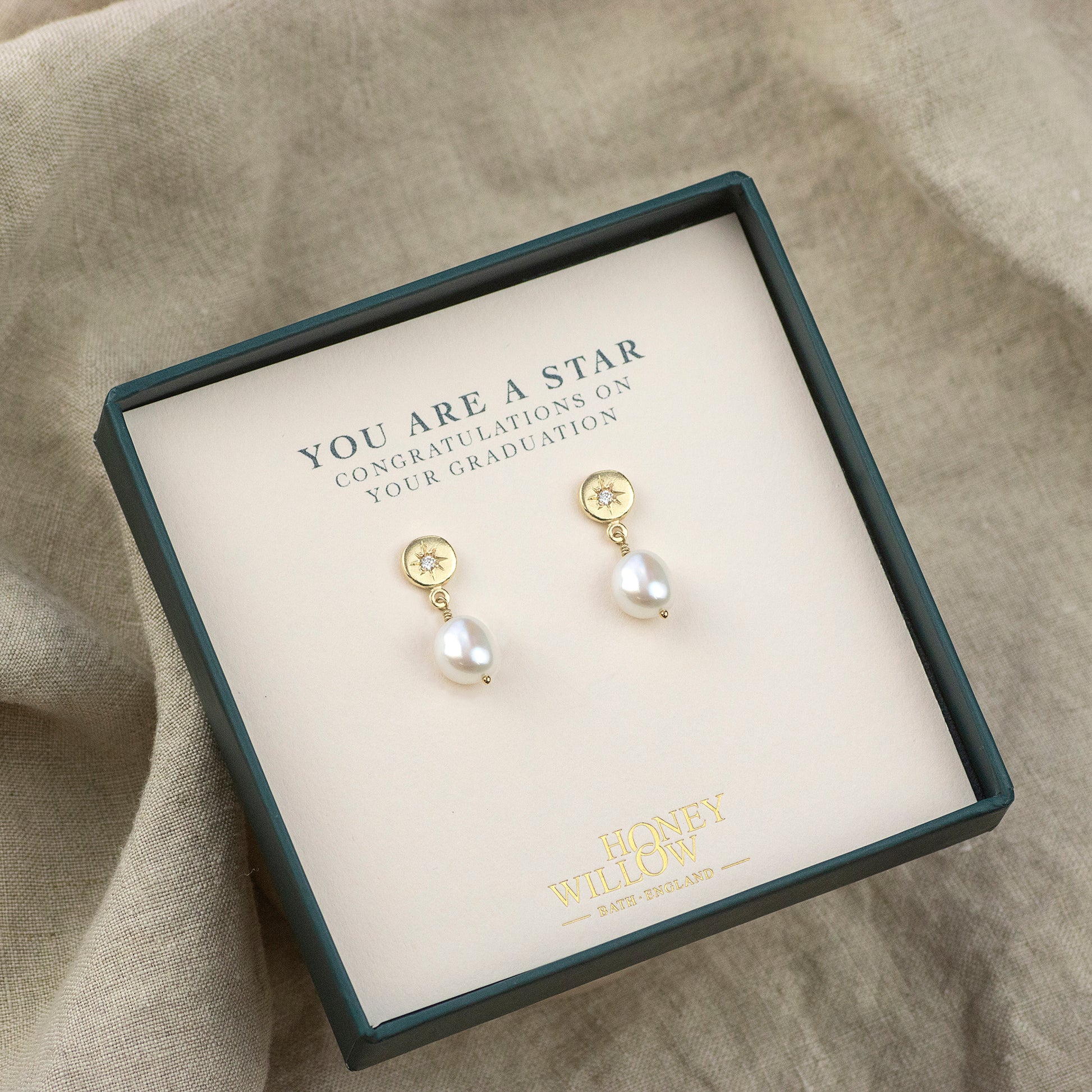 Graduation Gift - Diamond Star Set Pearl Earrings - 9kt Gold