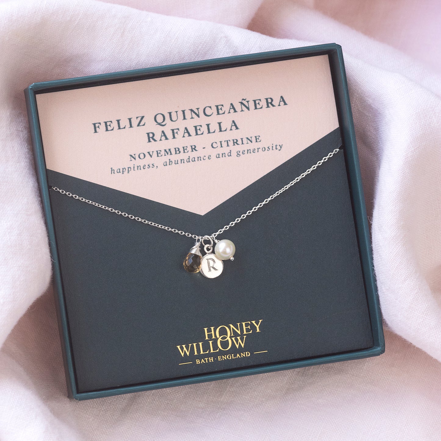 Quinceañera Gift - Engraved Initial Birthstone Necklace