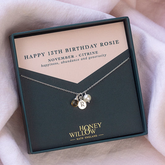 13th Birthday Gift - Engraved Initial Birthstone Necklace