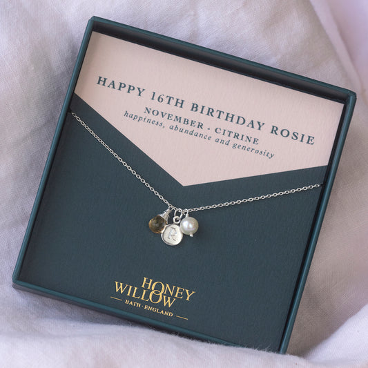 16th Birthday Gift - Engraved Initial Birthstone Necklace