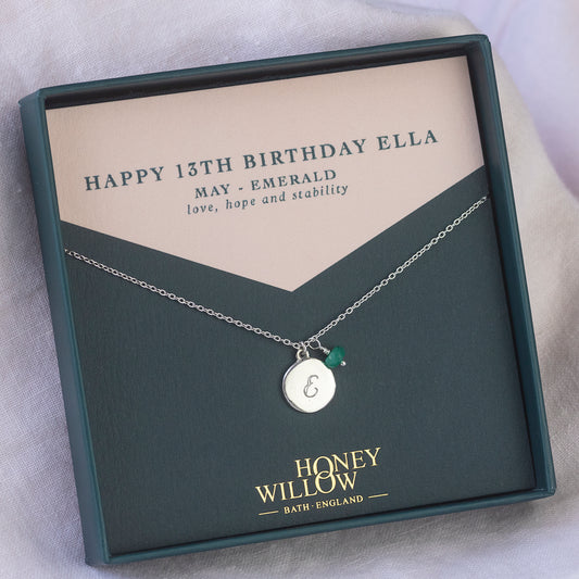 13th Birthday Necklace - Personalised Initial Pendant with Birthstone