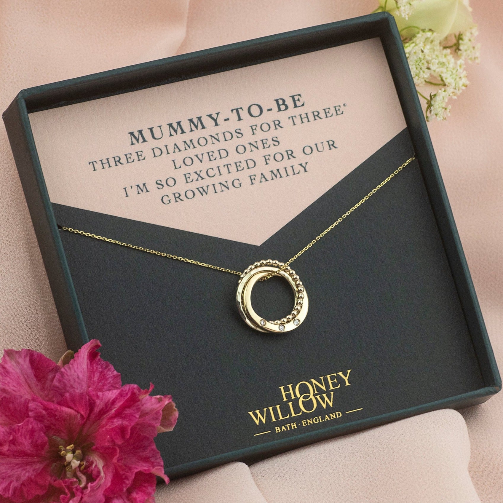 Gift for Mum to be - 9kt Gold Necklace - 3 Diamond for 3 Loved ones