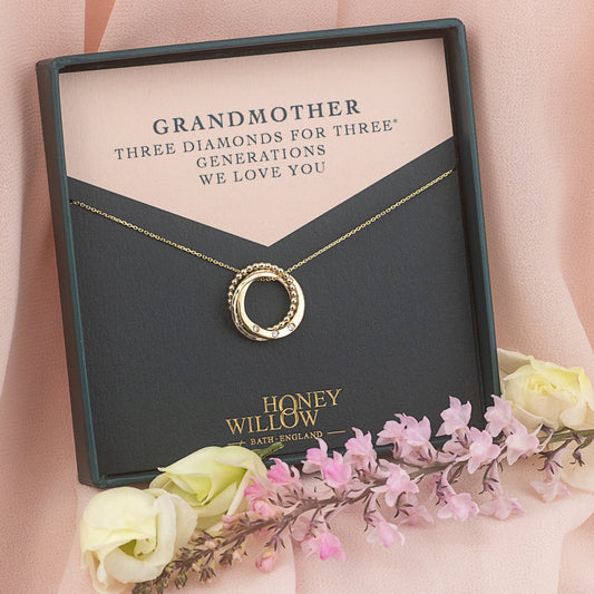 Gift for Grandmother - 3 Diamonds for 3 Generations - 9kt Gold Necklace