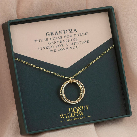 Gift for Grandma - 3 Links for 3 Generations - 9kt Gold, Rose Gold & Silver Necklace