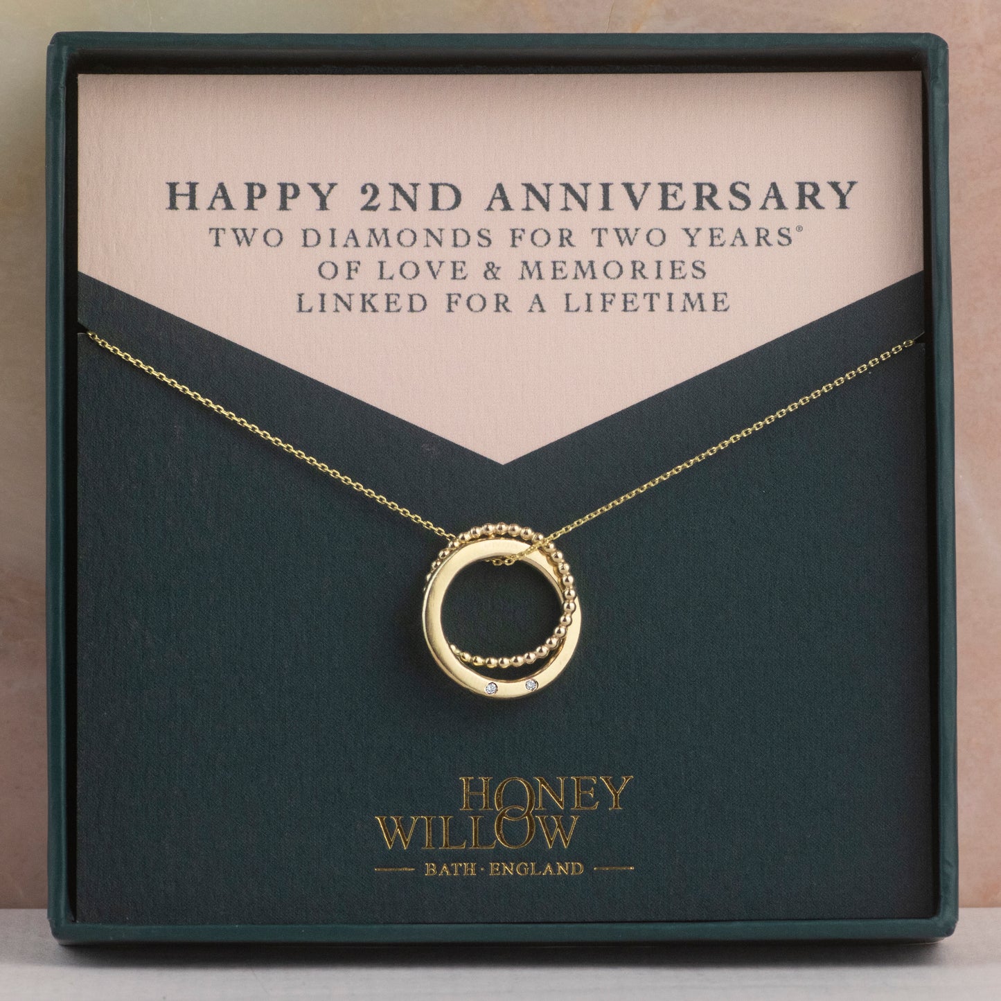 Recycled 9kt Gold 2nd Anniversary Necklace - 2 Diamonds for 2 Years