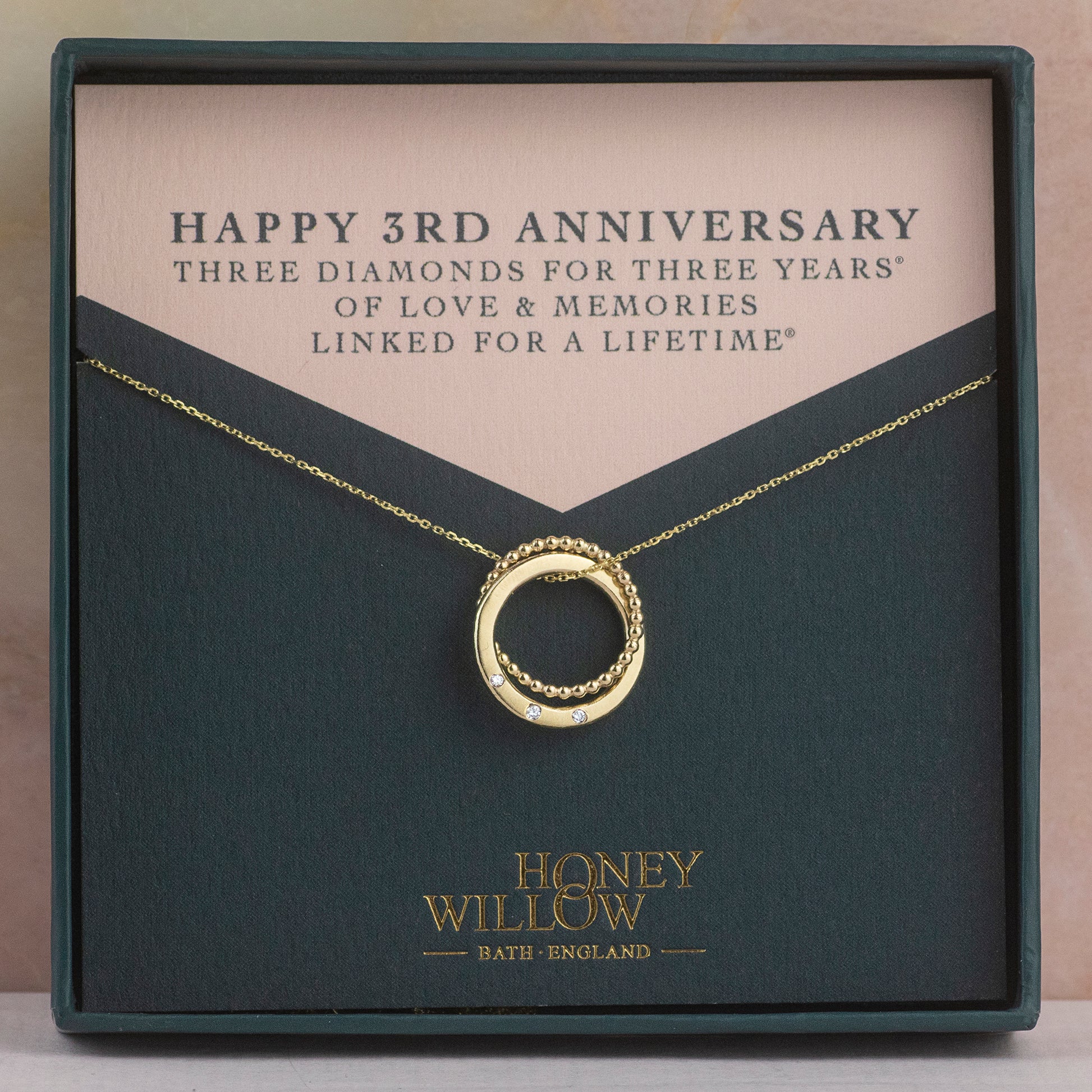 3rd Anniversary Necklace - 3 Diamonds for 3 Years - 9kt Gold