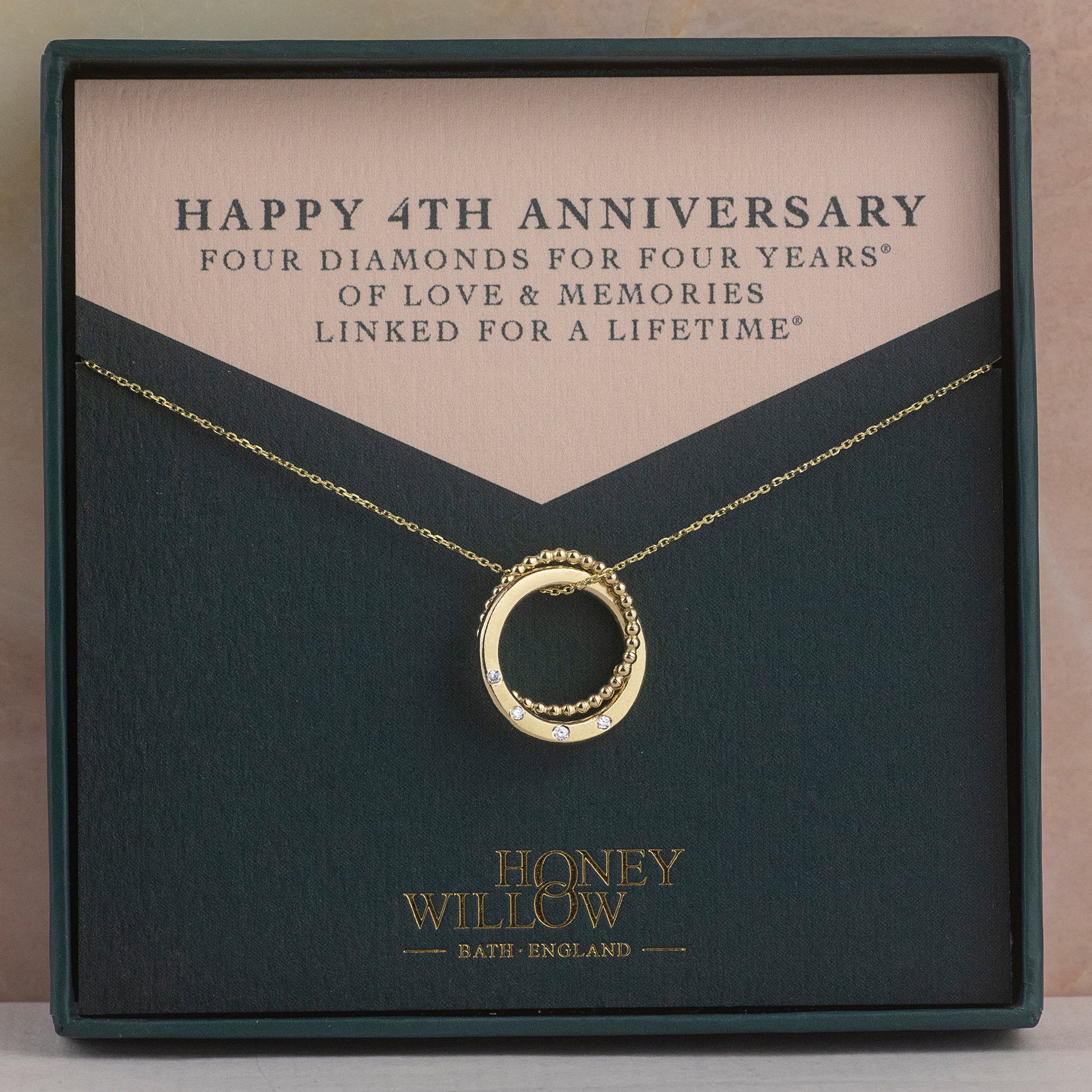 4th Anniversary Necklace - 4 Diamonds for 4 Years - 9kt Gold