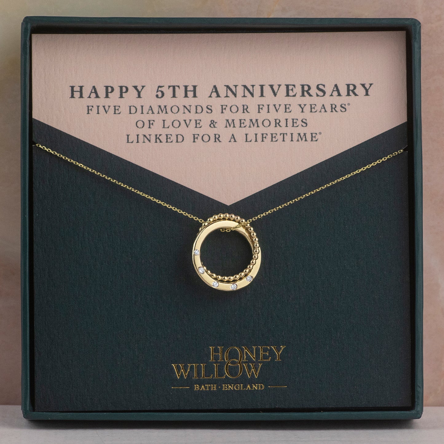 5th Anniversary Necklace - 5 Diamonds for 5 Years - 9kt Gold