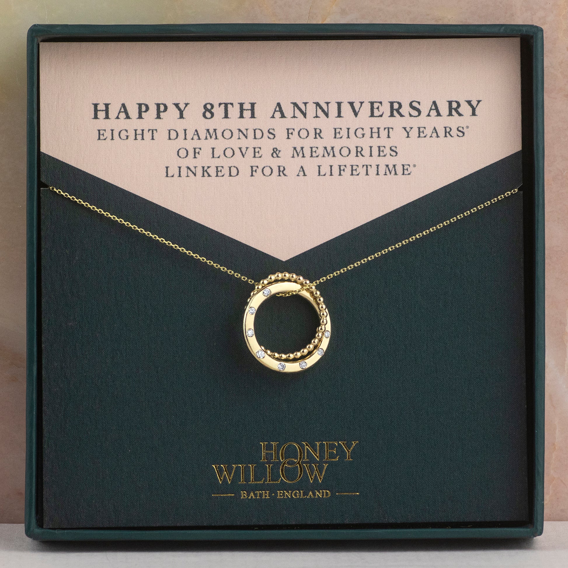 8th Anniversary Necklace - 8 Diamonds for 8 Years - 9kt Gold