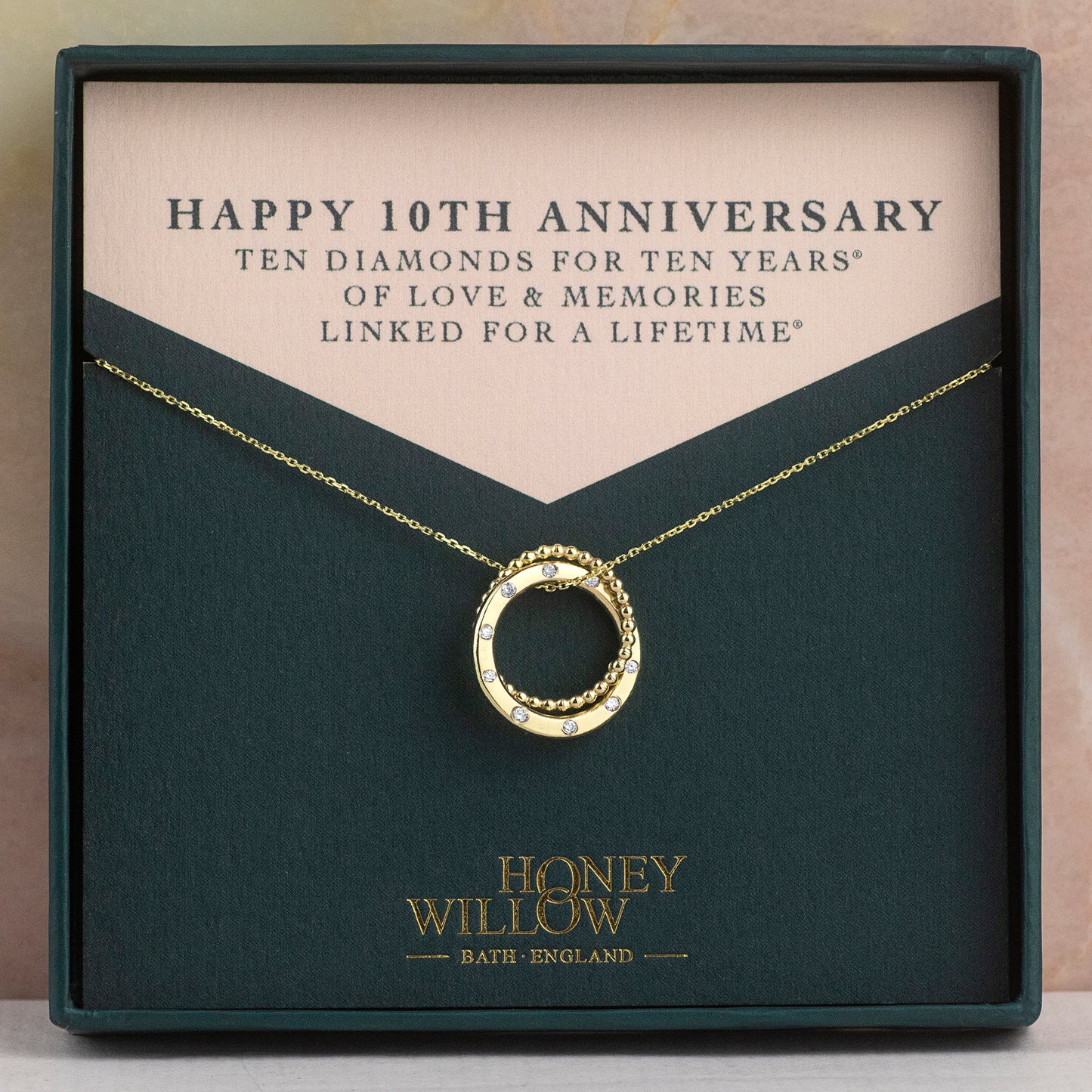 10th Anniversary Necklace - 10 Diamonds for 10 Years - 9kt Gold