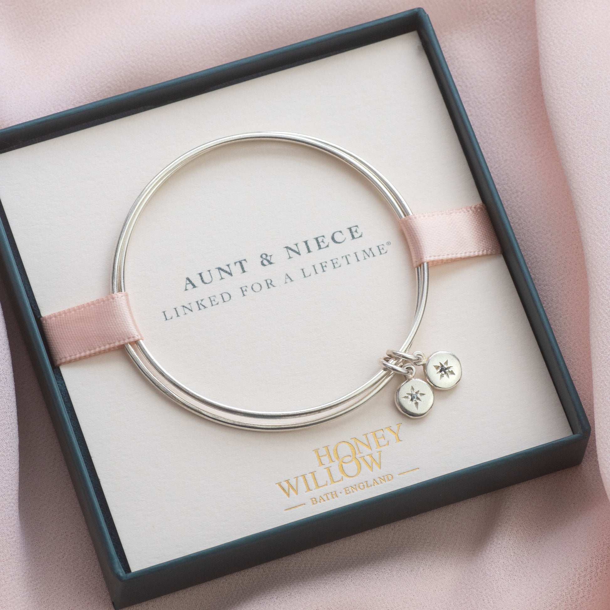 Personalised Aunt & Niece Bracelet - Double Linked Birthstone Bangle - Silver