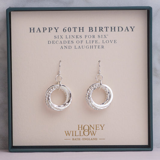 60th Birthday Earrings - 6 Links for 6 Decades - Silver