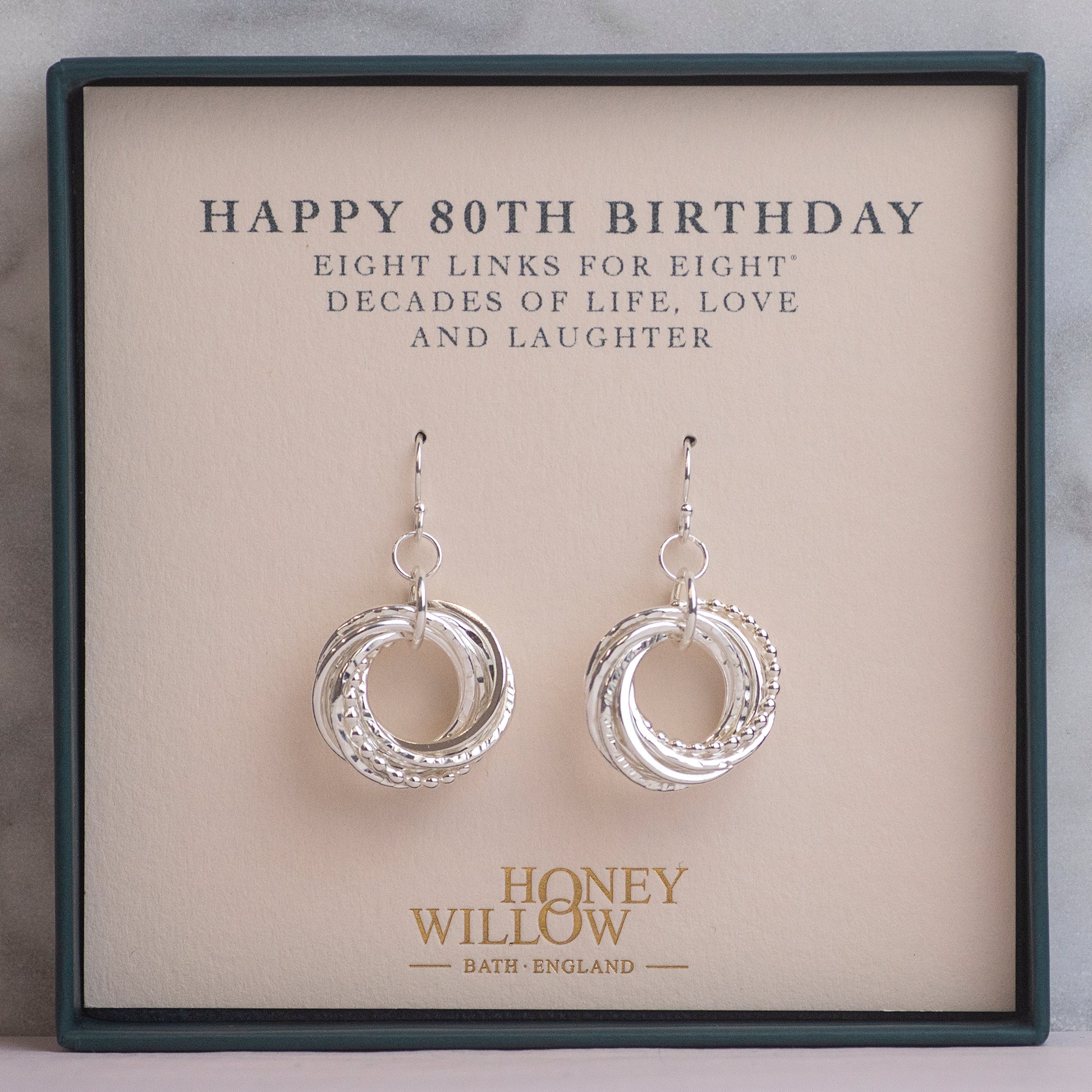 80th Birthday Earrings - 8 Links for 8 Decades - Silver