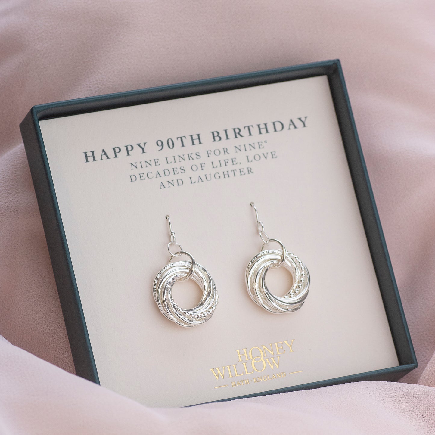 90th Birthday Earrings - 9 Links for 9 Decades - Silver
