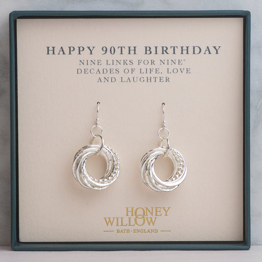 90th Birthday Earrings - The Original 9 Links for 9 Decades Earrings - Petite Silver