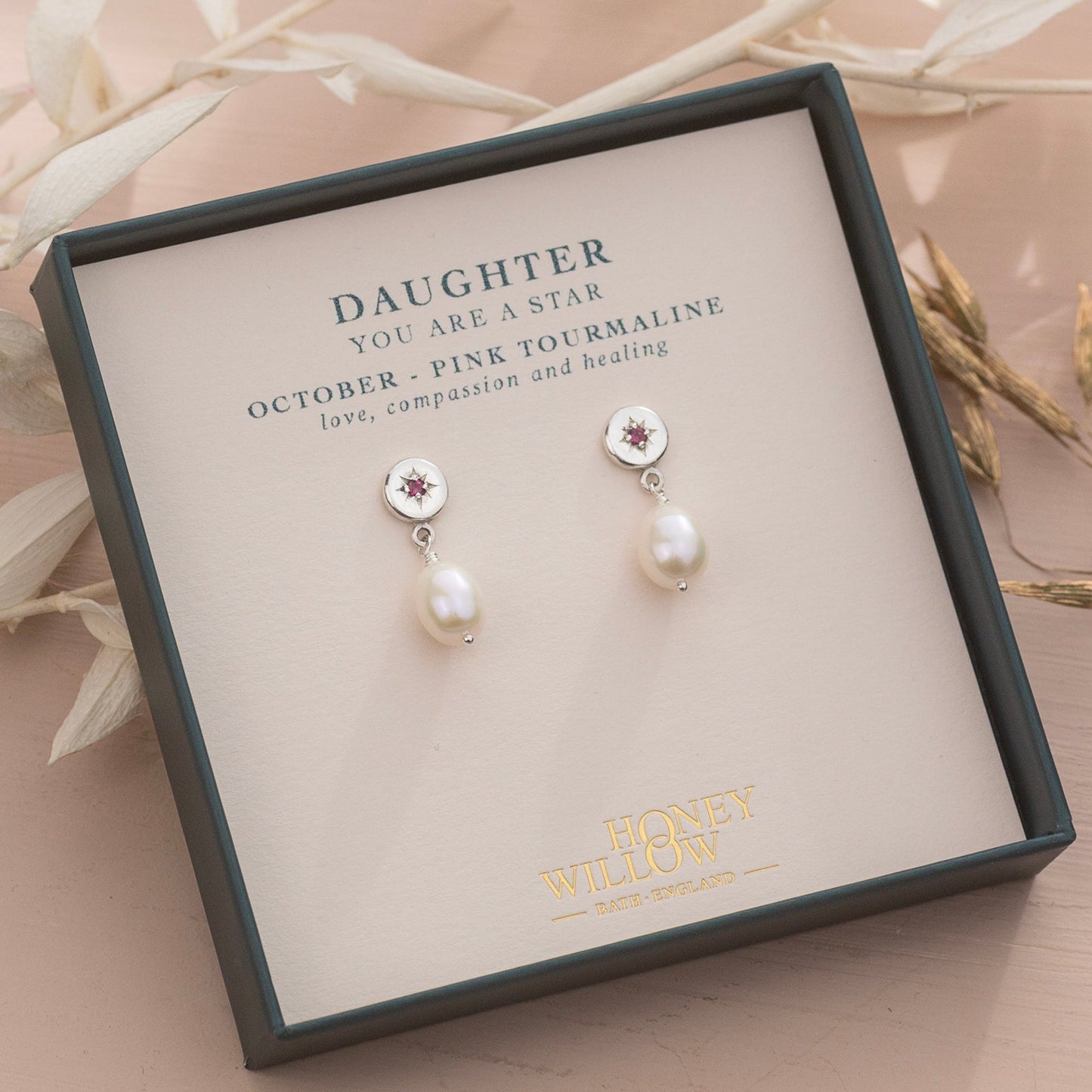 Daughter - Star Set Birthstone Earrings with Pearls - Silver