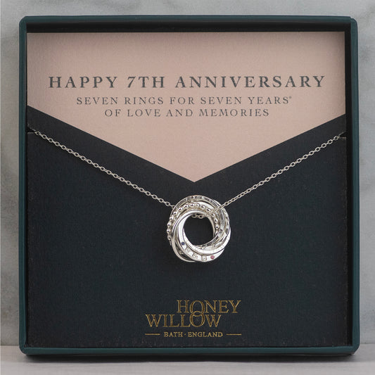 Personalised 7th Anniversary Birthstone Necklace - Hand-Stamped - The Original 7 Rings for 7 Years Necklace - Petite Silver