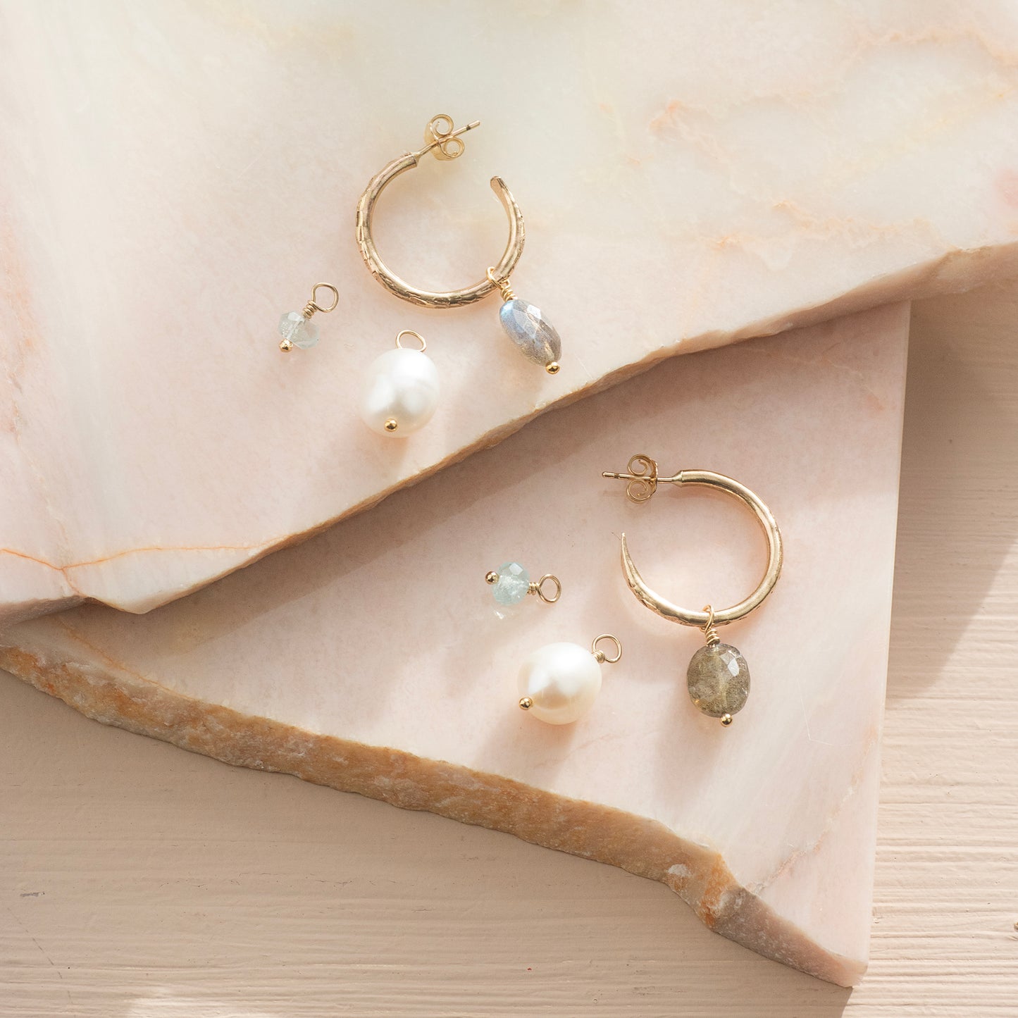 Petite Gold Hoops with 3 Charms - Pearl, Labradorite & Aquamarine
