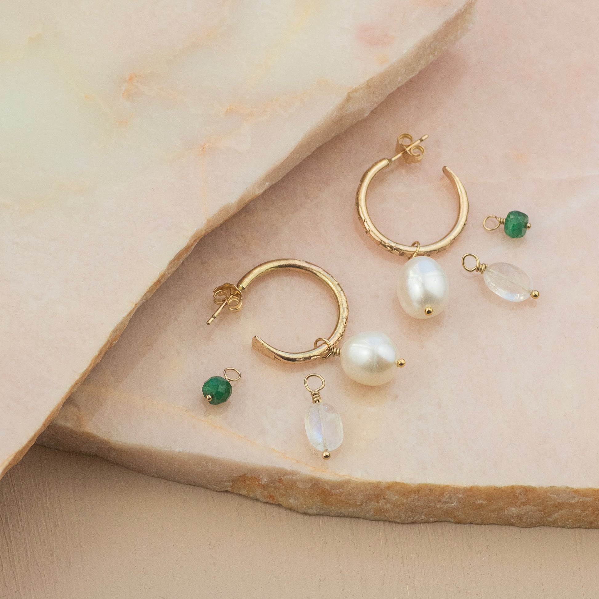 Petite Gold Hoops with 3 Charms - Pearl, Moonstone & Emerald