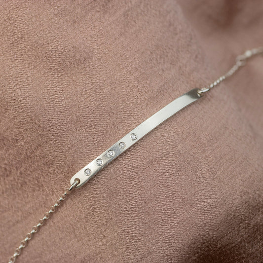 5th Anniversay Gift - Diamond Bar Bracelet - 5 Diamonds for 5 Years - Silver