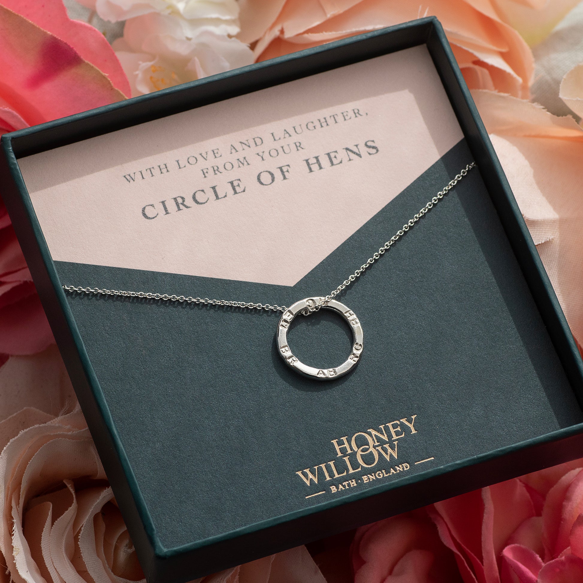 Gift for Bride from Hen Party - Personalised Circle of Hens Necklace - Silver 