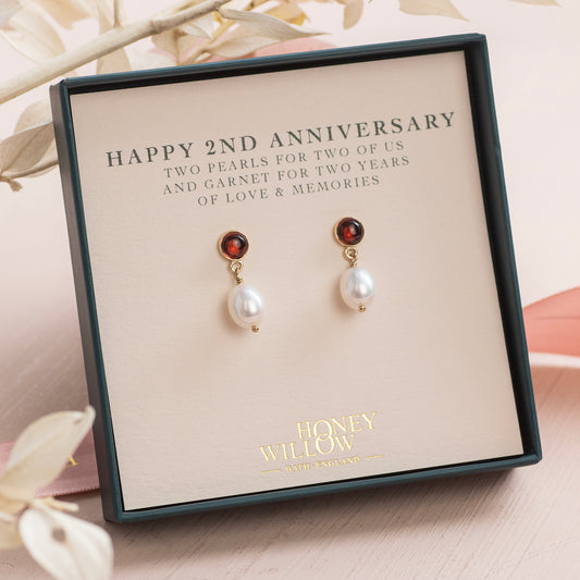 2nd Anniversary Gift - Garnet Anniversary Earrings - Silver & Gold