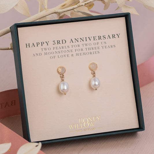 3rd Anniversary Gift - Moonstone Anniversary Earrings - Silver & Gold