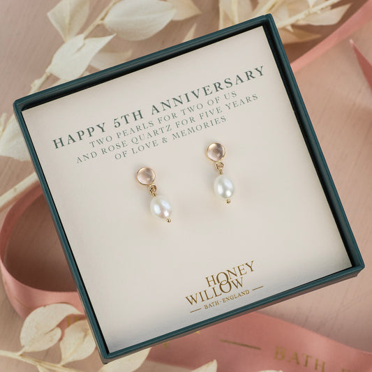 5th Anniversary Gift - Rose Quartz Anniversary Earrings - Silver & Gold