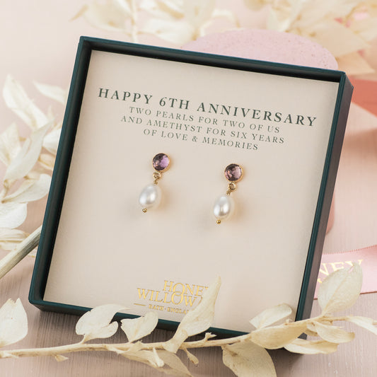 6th Anniversary Gift - Amethyst Anniversary Earrings - Silver & Gold
