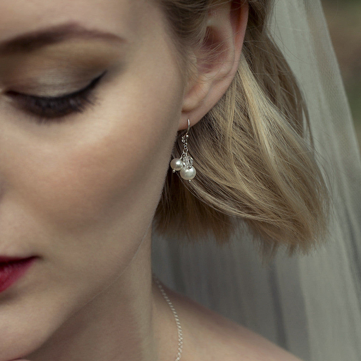 Pearl cluster earrings wedding, pearl bridal earrings dangle, crystal - MAY