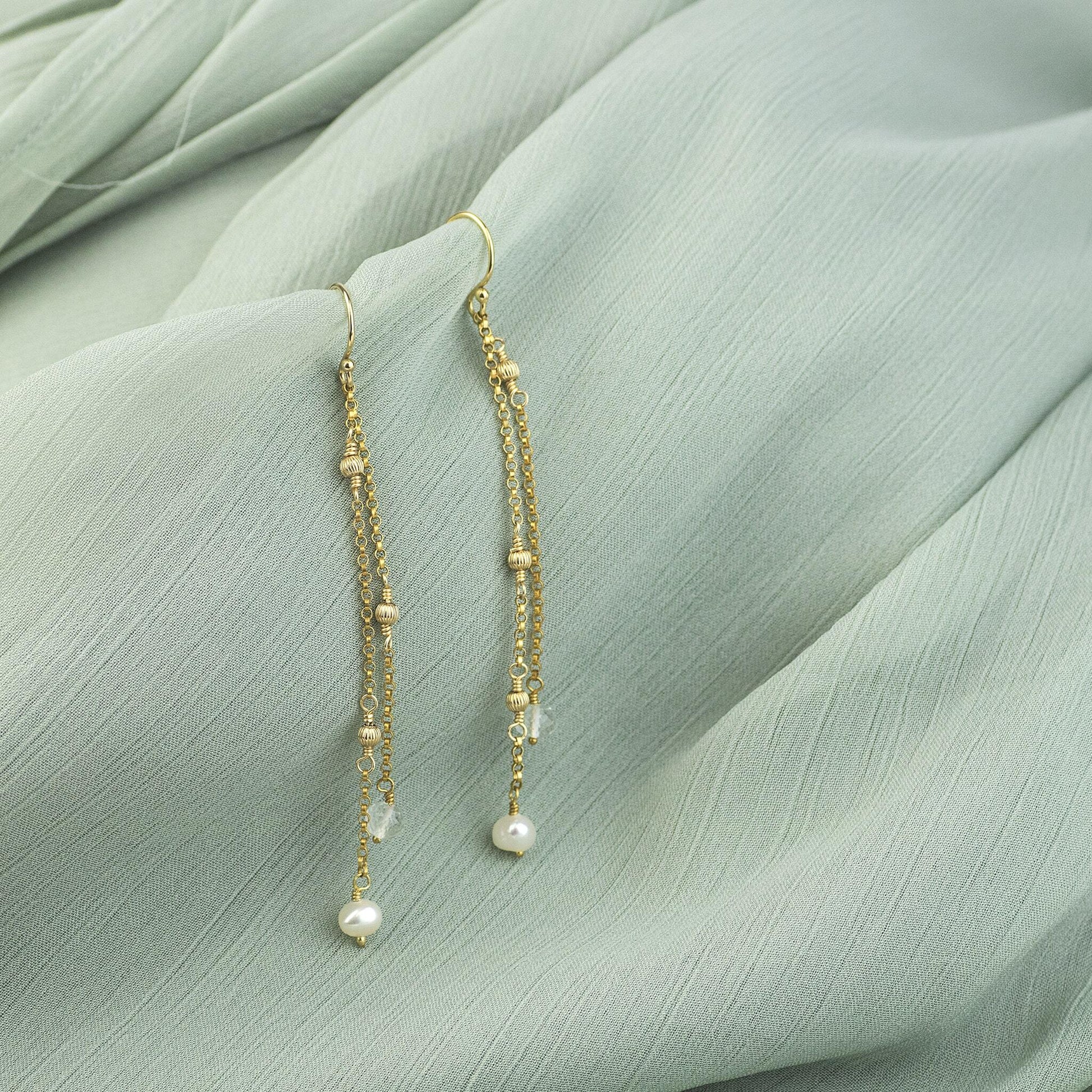 Long Delicate Pearl & Rock Crystal Earrings - Silver & Gold - Eliza