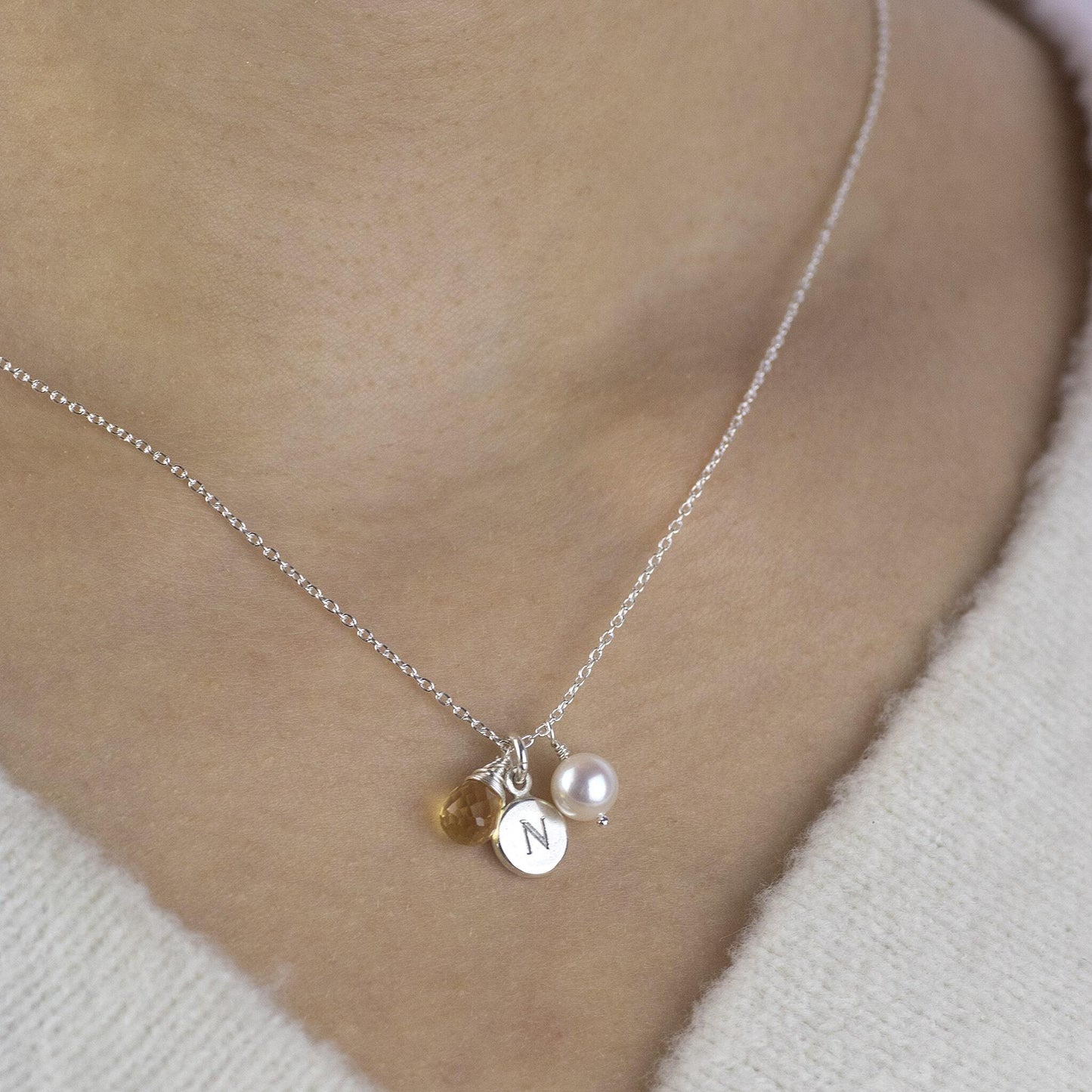 Engraved Initial Birthstone Necklace
