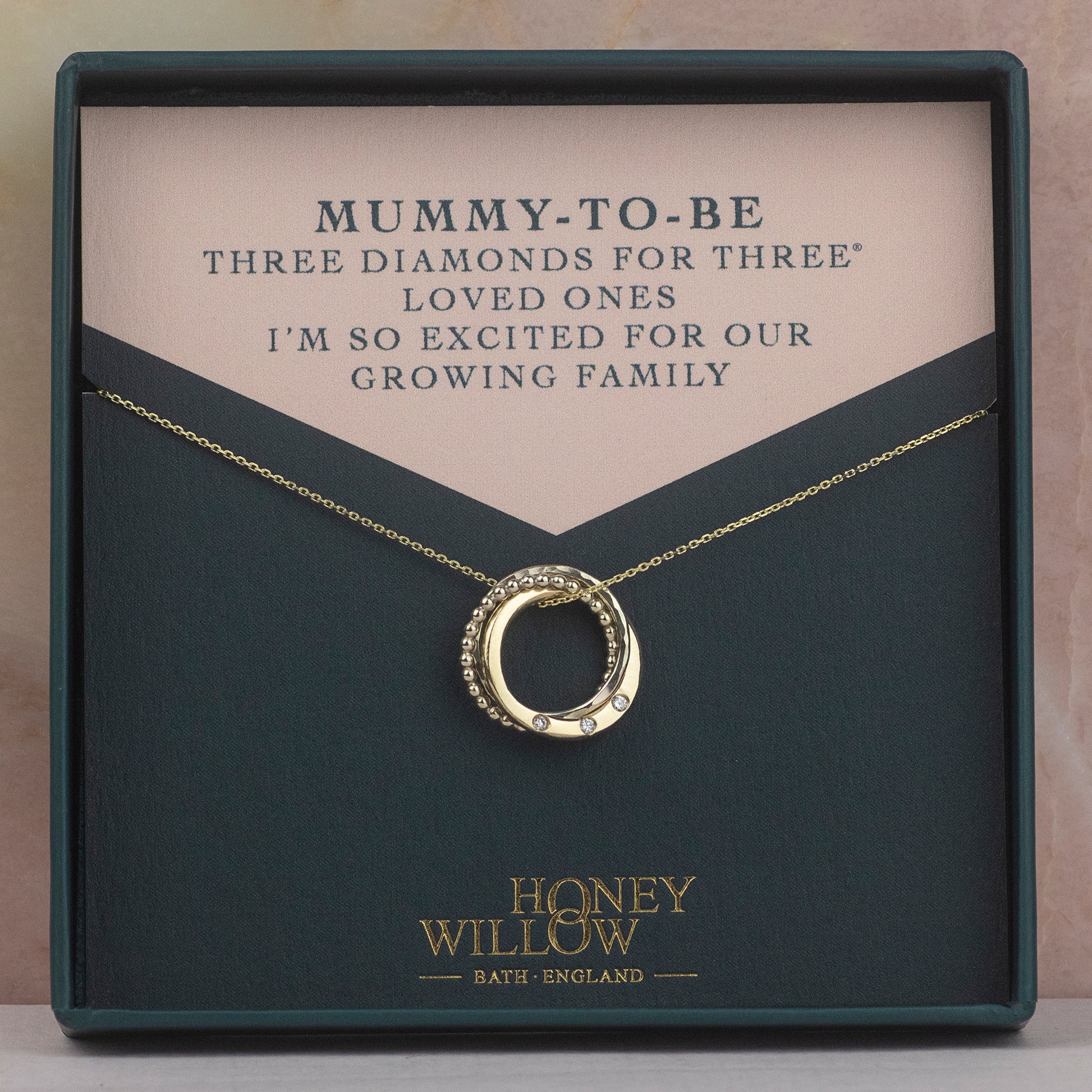Gift for Mum-To-Be From Husband - 9kt Gold Necklace - 3 Diamond for 3 Loved ones
