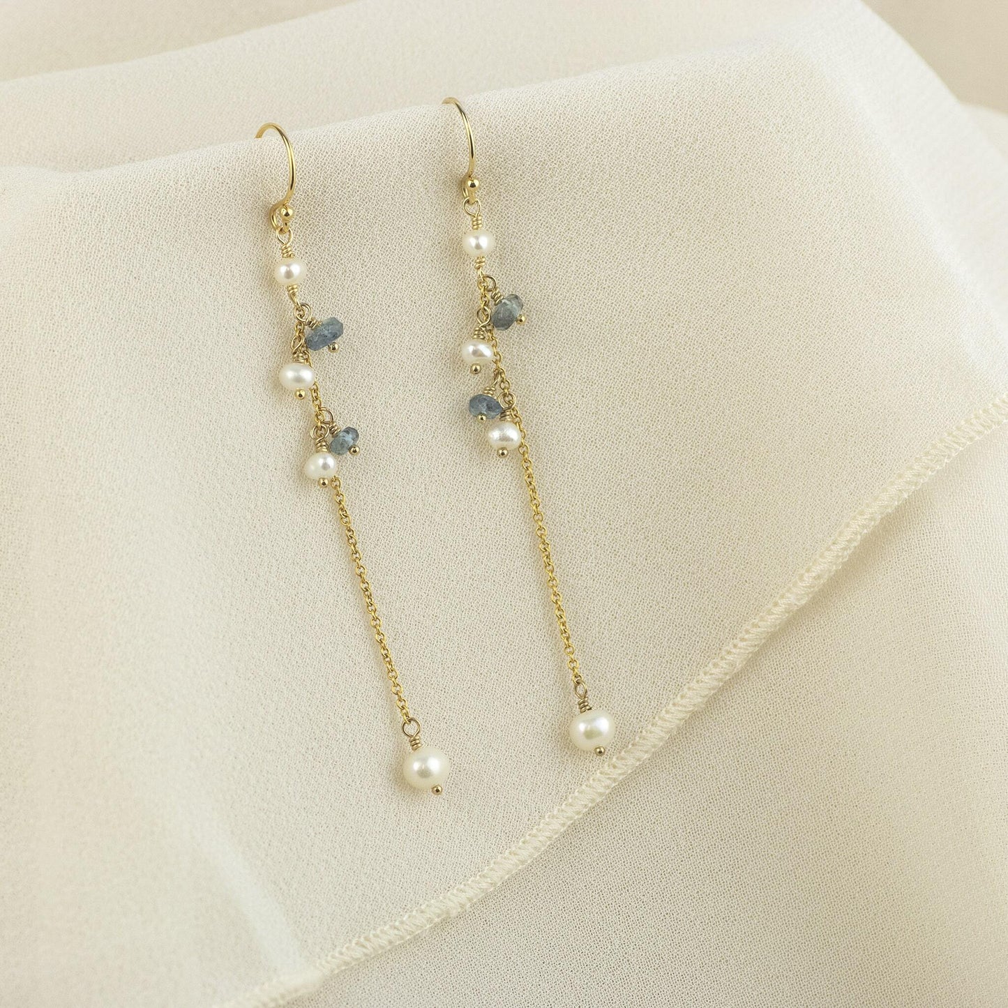 Delicate Pearl & Aquamarine Earrings - Silver & Gold - Jane