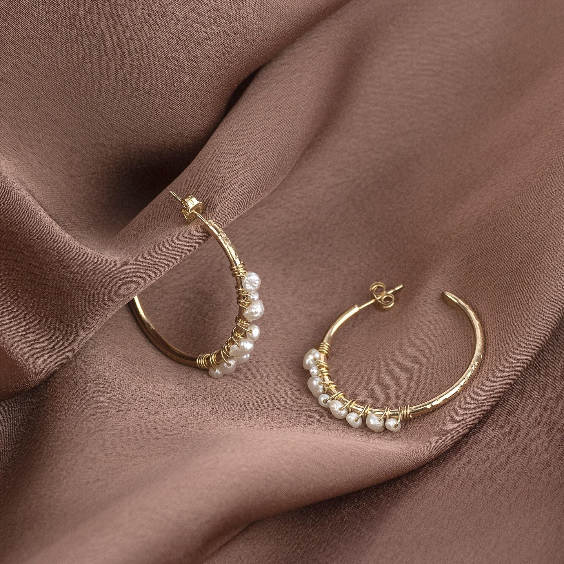 Hoop Earrings Wrapped with Pearls - Silver & Gold - Julia