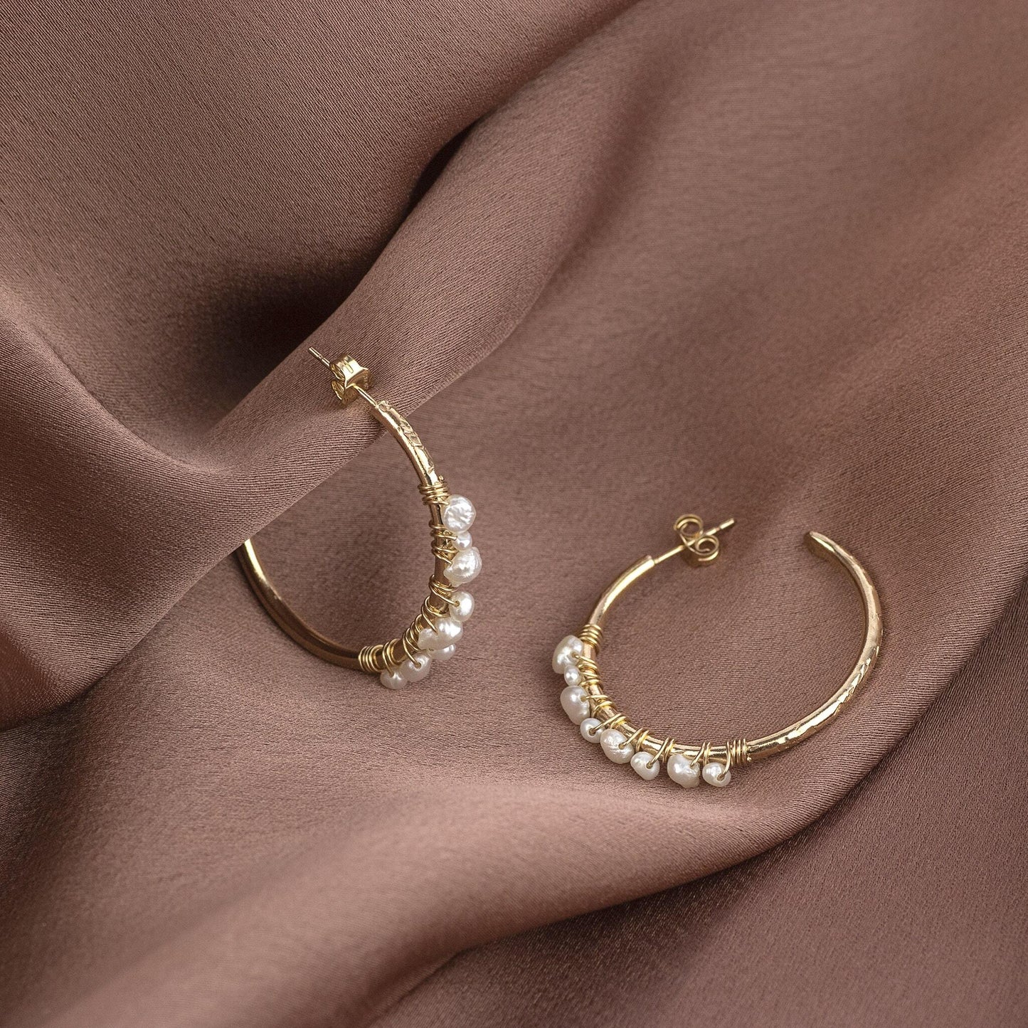 Hoop Earrings Wrapped with Pearls - Silver & Gold - Julia